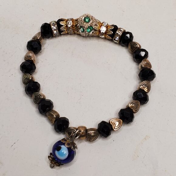 Unbranded Jewelry - Vintage Bracelet Evil Eye Black Glass Bead w/ Metal Hearts Beaded Stretchy